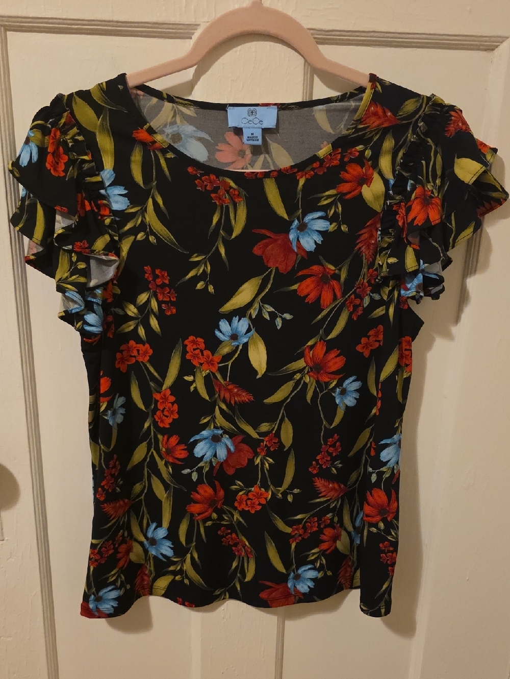 CeCe Black Short Sleeve Floral Top with Red & Blue Blooms